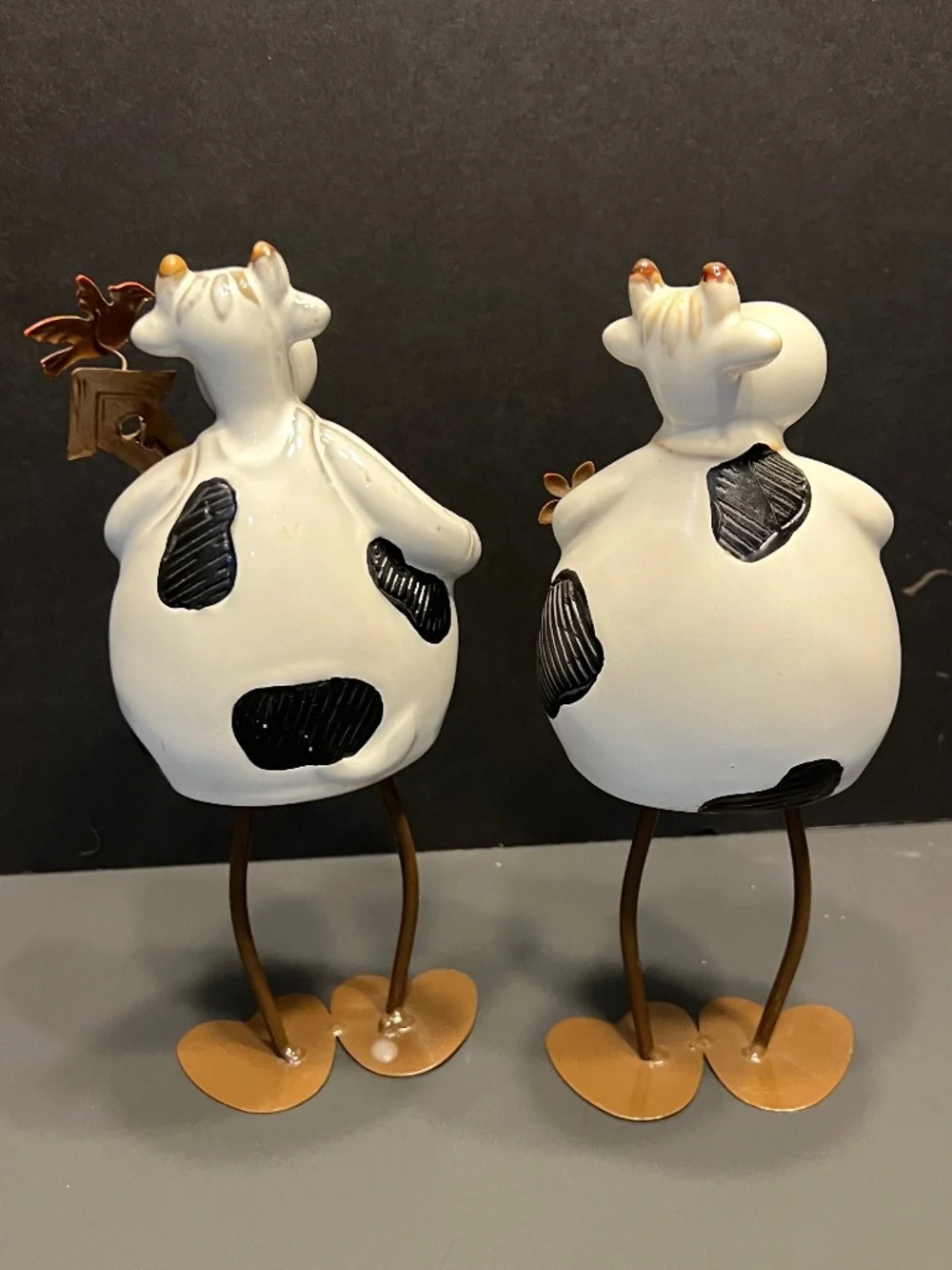 Long Leg Black & White Cow Holding Bird House, Bird and Flowers Set of 2 RARE